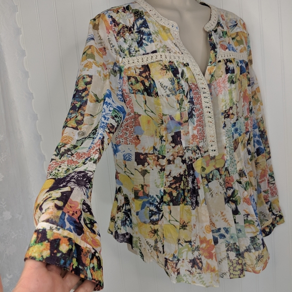Anthro Maeve Floral Crochet Trim Babydoll Blouse 6 - Picture 6 of 8